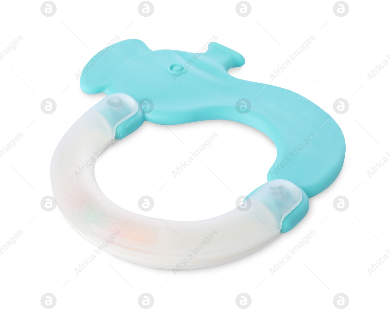 Photo of Colorful rattle isolated on white. Baby accessory