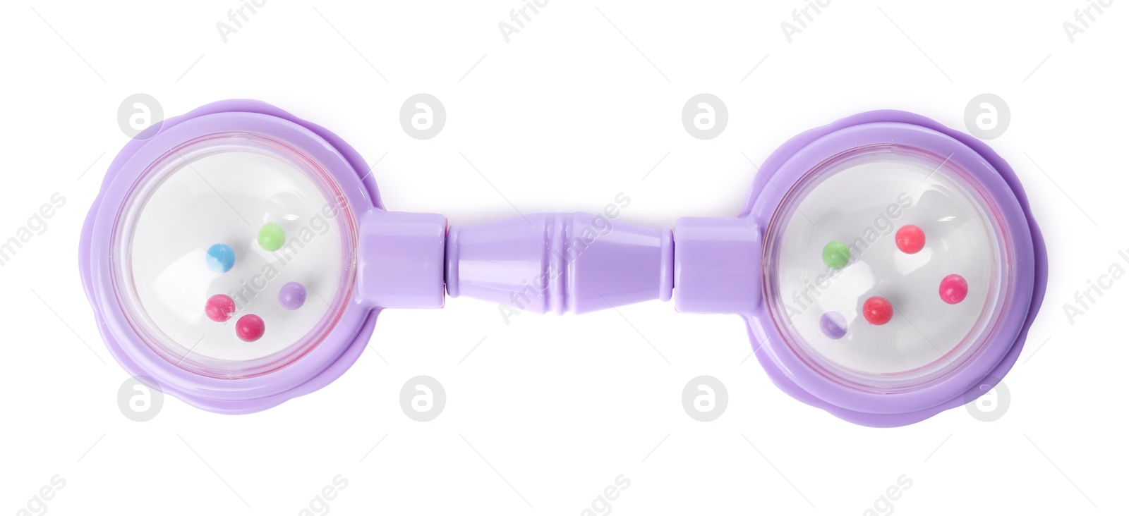 Photo of Colorful rattle isolated on white, top view. Baby accessory