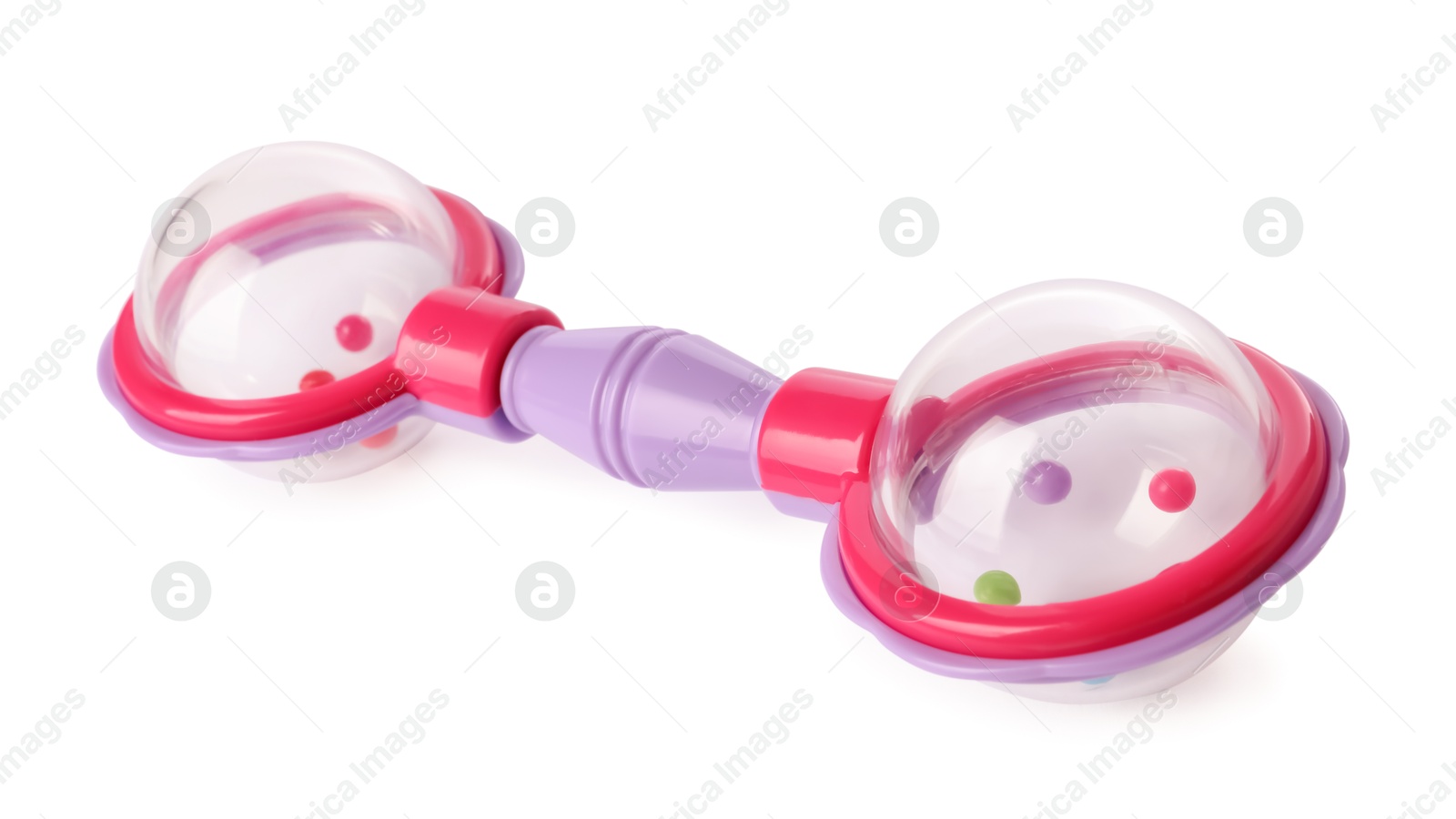 Photo of Colorful rattle isolated on white. Baby accessory