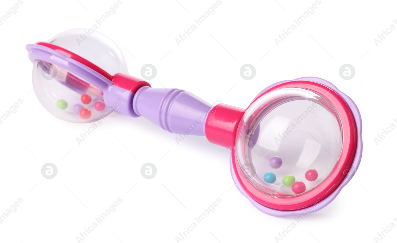 Photo of Colorful rattle isolated on white. Baby accessory