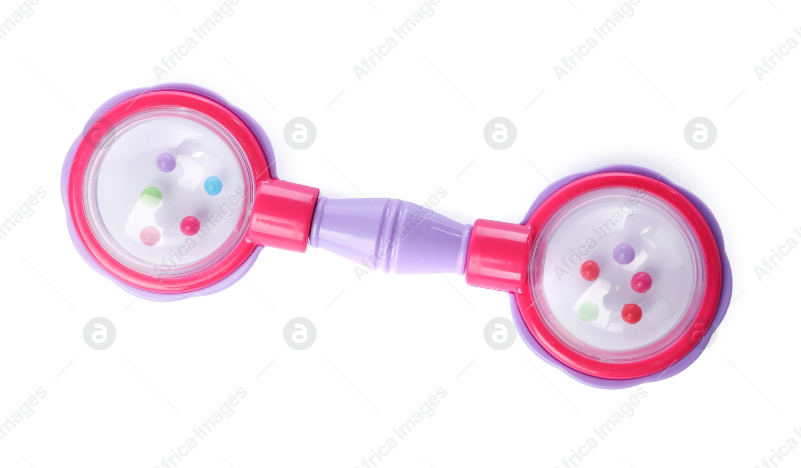 Photo of Colorful rattle isolated on white, top view. Baby accessory