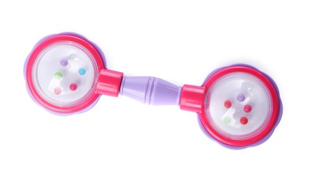 Photo of Colorful rattle isolated on white, top view. Baby accessory