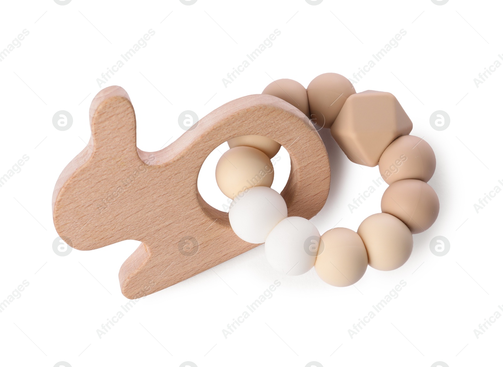 Photo of Wooden rattle isolated on white, top view. Baby accessory