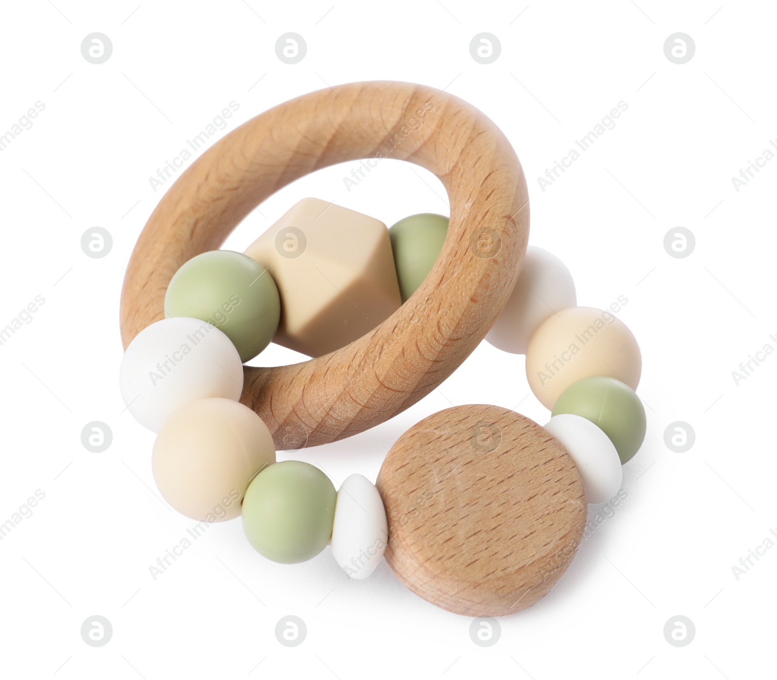 Photo of Wooden rattle isolated on white. Baby accessory]