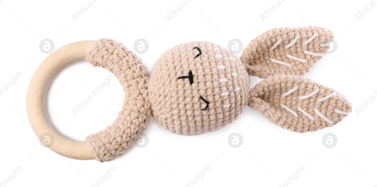 Photo of Wooden rattle isolated on white, top view. Baby accessory