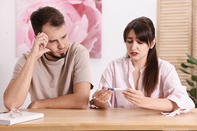 Worried young couple with pregnancy test at wooden table indoors