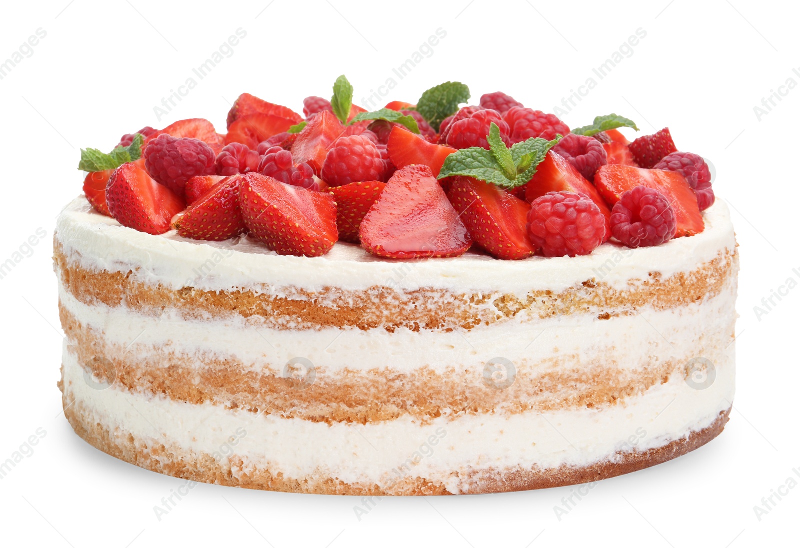 Photo of Tasty sponge cake with fresh berries and mint isolated on white