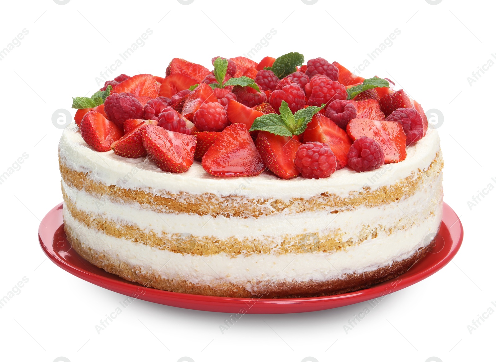 Photo of Tasty sponge cake with fresh berries and mint isolated on white