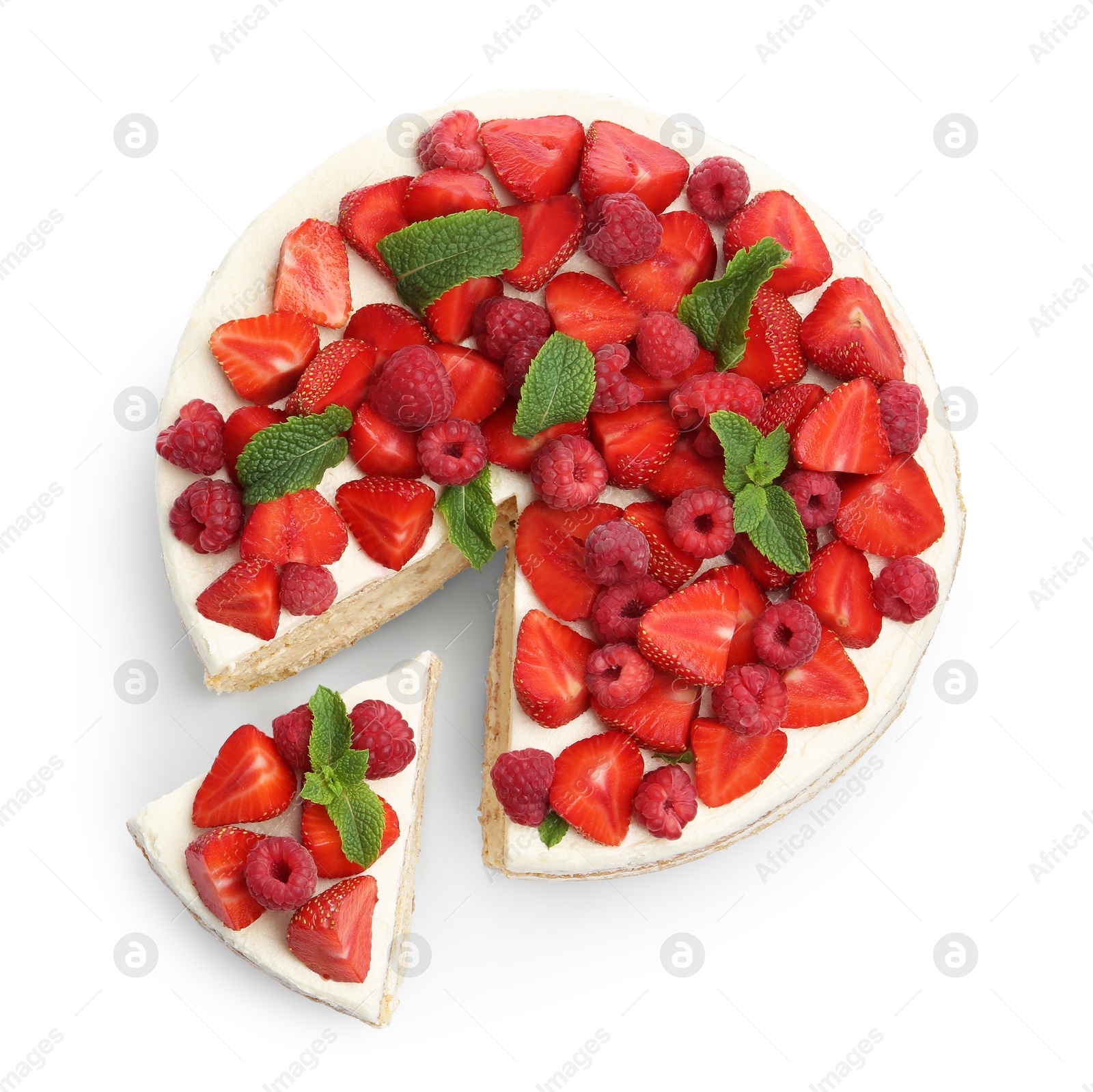 Photo of Tasty sponge cake with fresh berries and mint isolated on white, top view