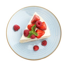 Photo of Piece of tasty sponge cake with fresh berries and mint isolated on white, top view