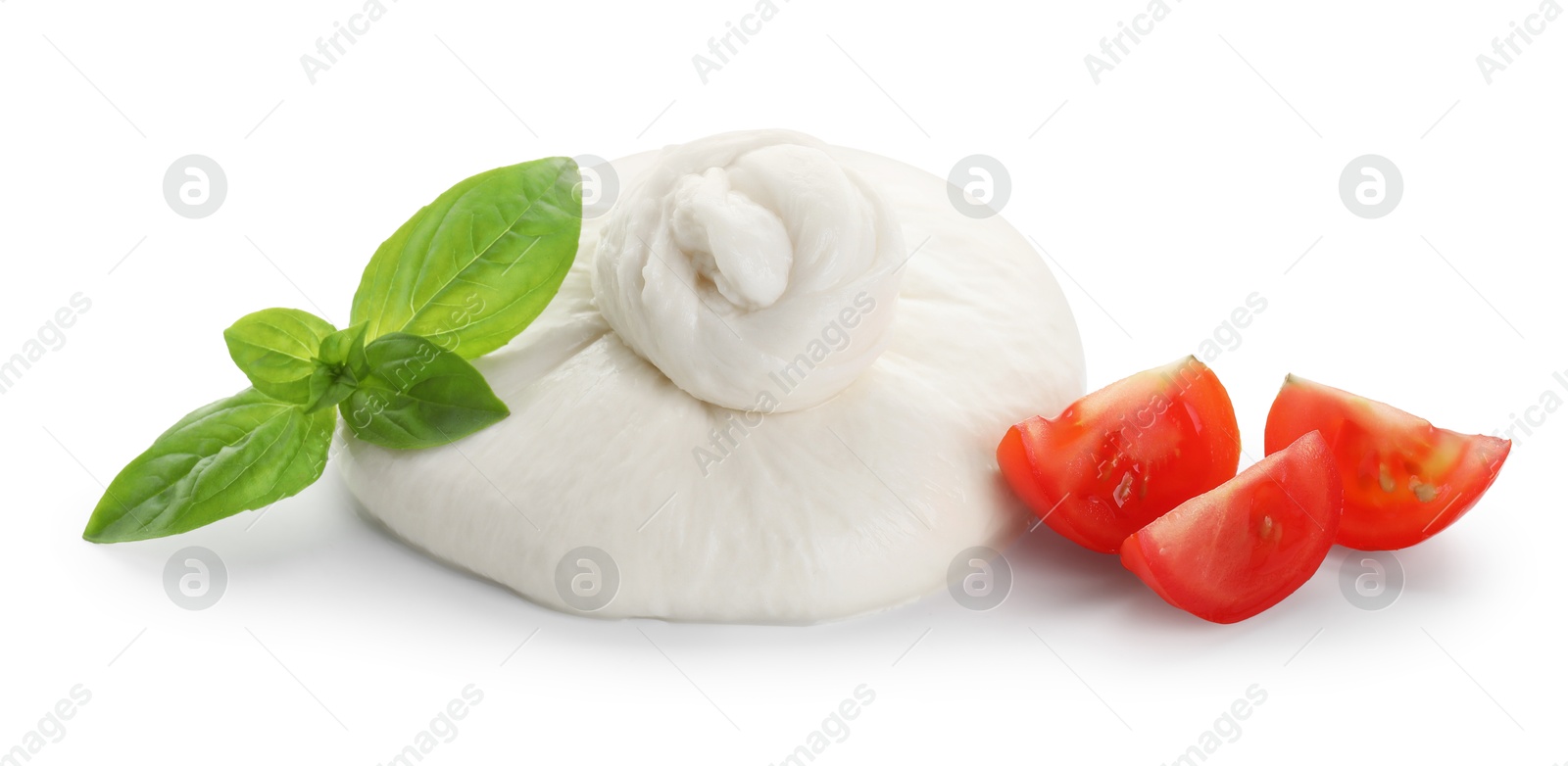 Photo of Fresh burrata cheese, cut cherry tomato and basil leaves isolated on white