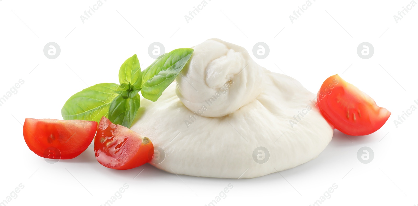 Photo of Fresh burrata cheese, cut cherry tomato and basil leaves isolated on white