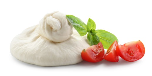 Photo of Fresh burrata cheese, cut cherry tomato and basil leaves isolated on white