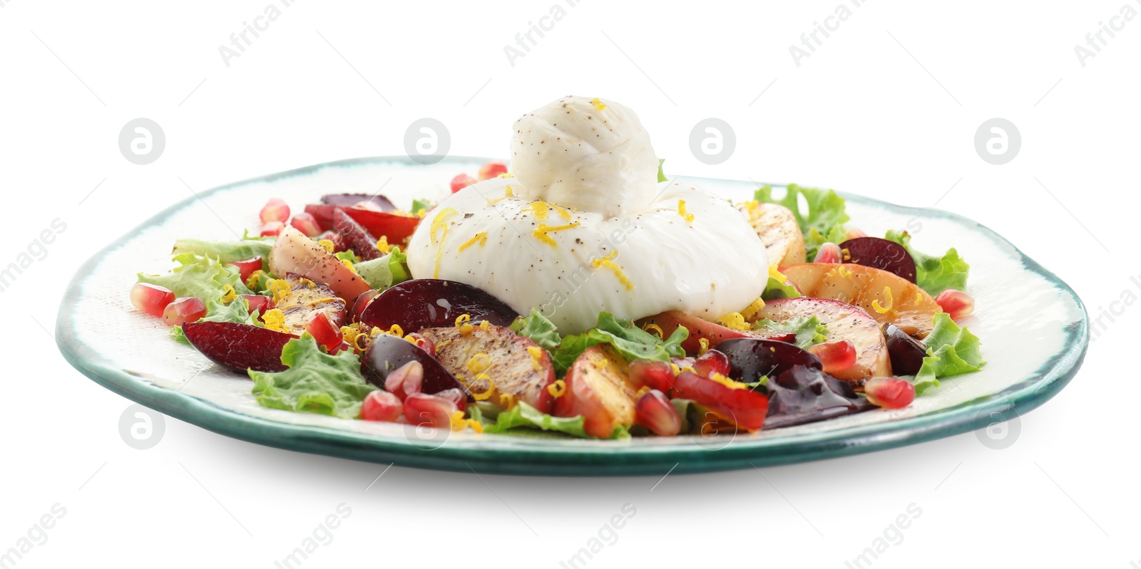 Photo of Plate with fresh burrata salad isolated on white