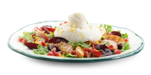 Photo of Plate with fresh burrata salad isolated on white