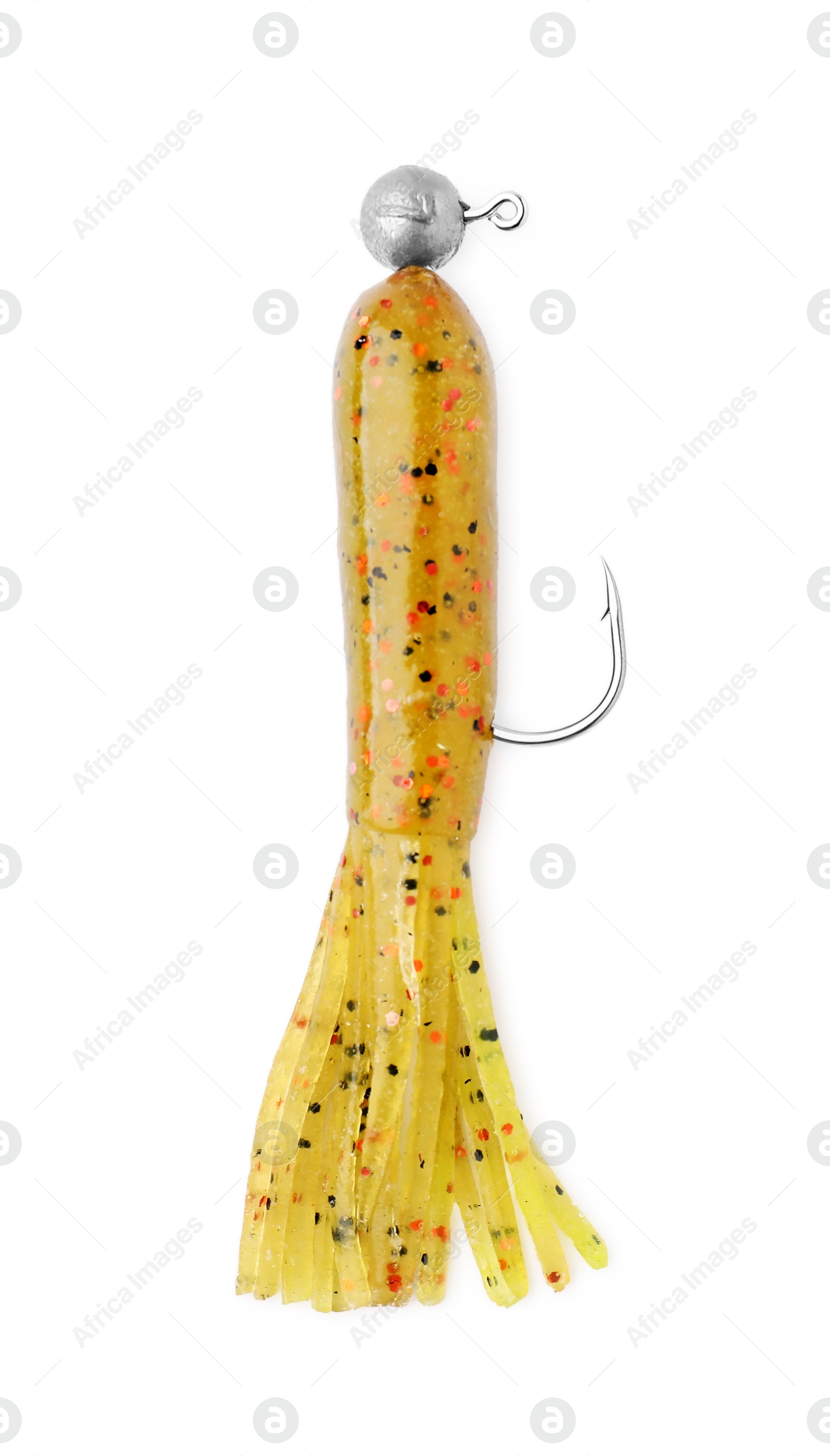 Photo of One fishing lure isolated on white, top view