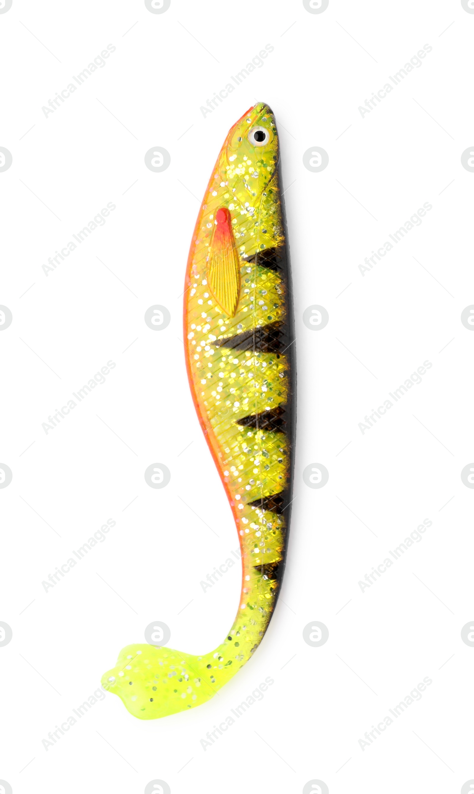 Photo of One fishing lure isolated on white, top view