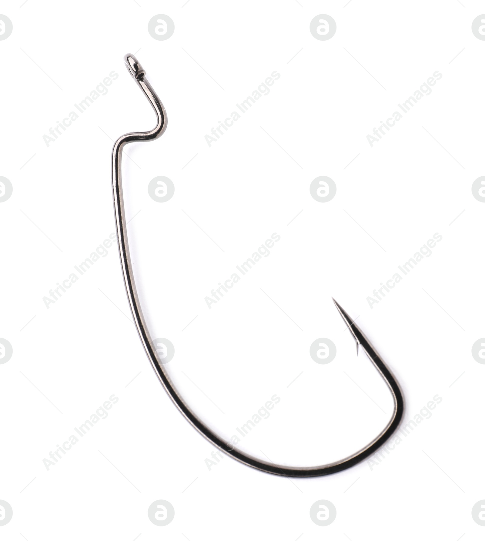 Photo of One fishing hook isolated on white, top view