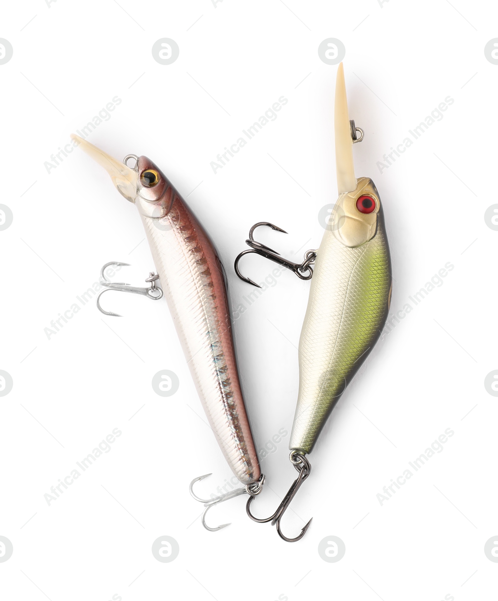 Photo of Fishing lures with hooks isolated on white, top view