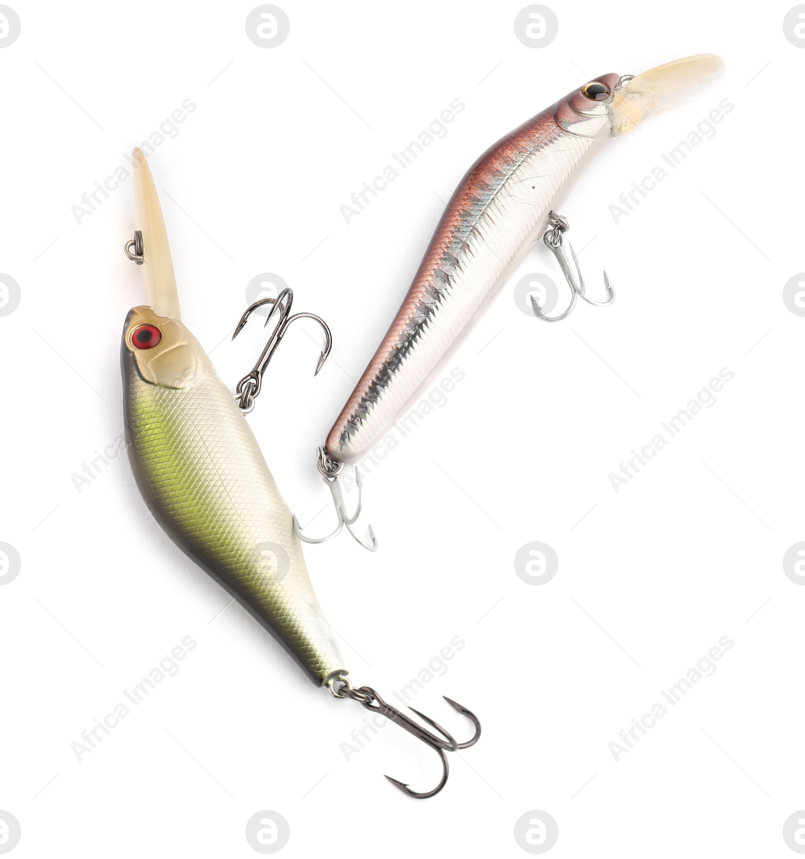 Photo of Fishing lures with hooks isolated on white