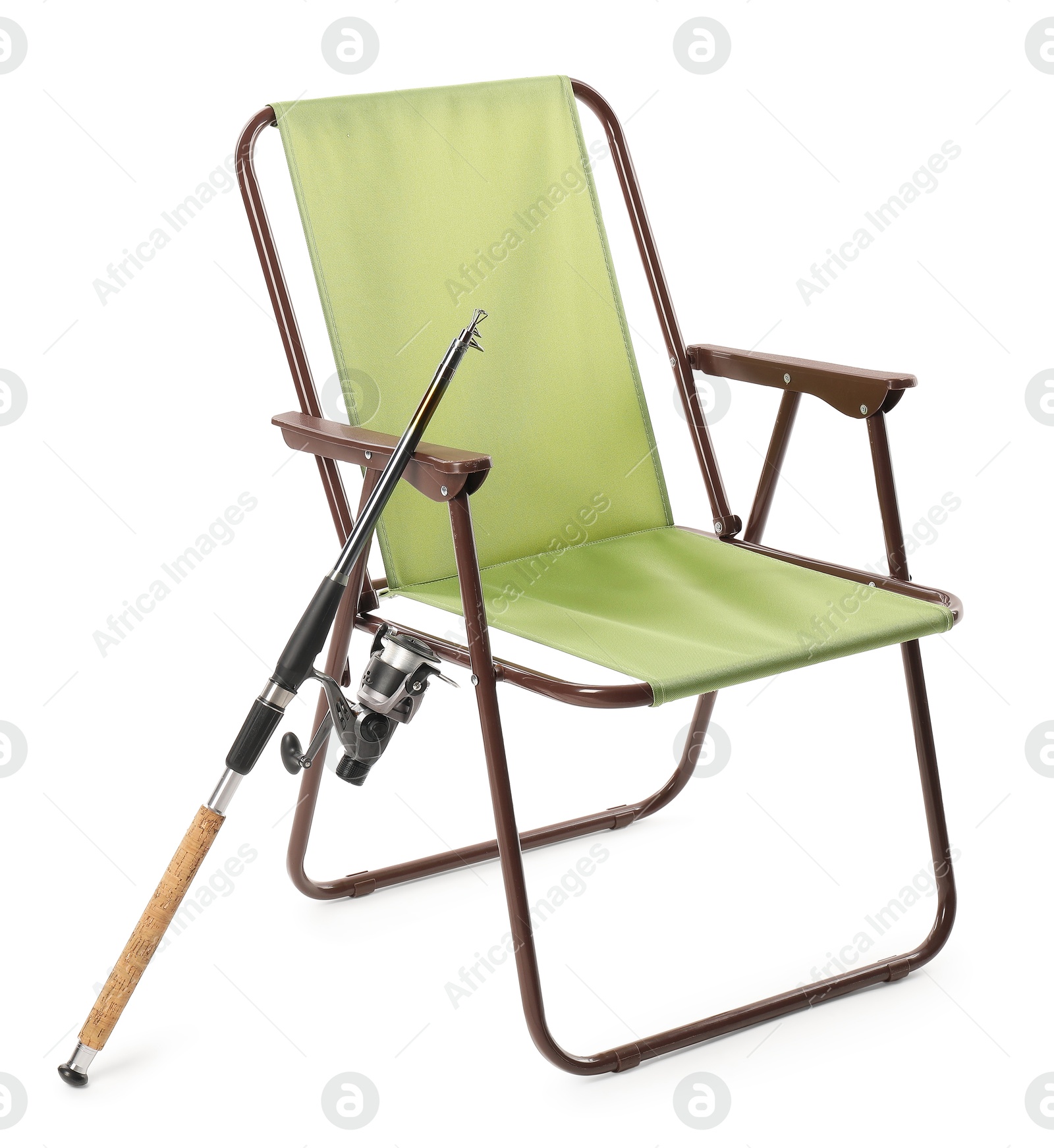 Photo of Folding chair and fishing spinning isolated on white