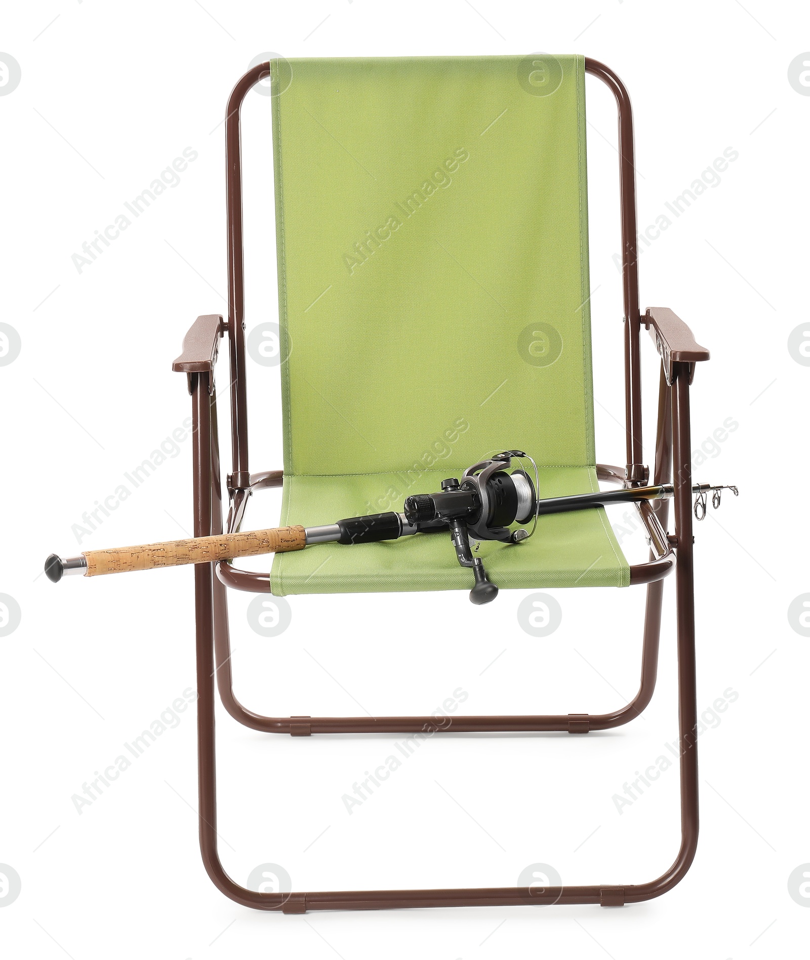 Photo of Folding chair and fishing spinning isolated on white