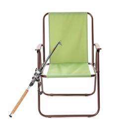 Photo of Folding chair and fishing spinning isolated on white