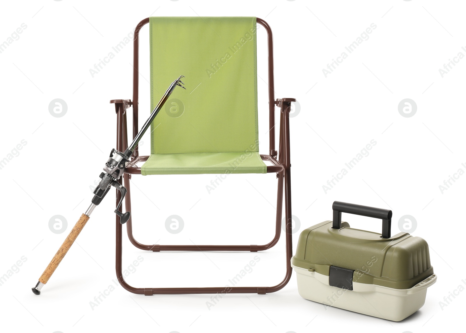 Photo of Folding chair, tackle box and fishing spinning isolated on white