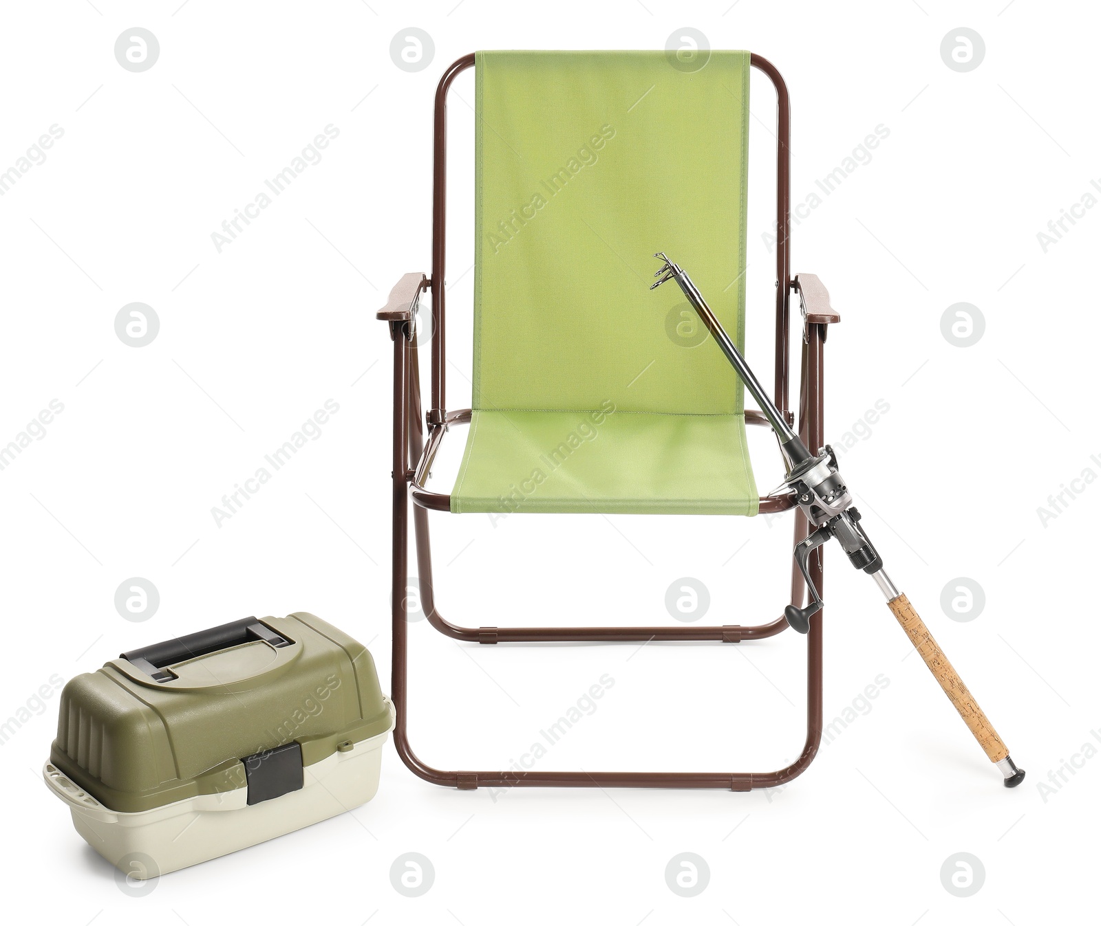 Photo of Folding chair, tackle box and fishing spinning isolated on white