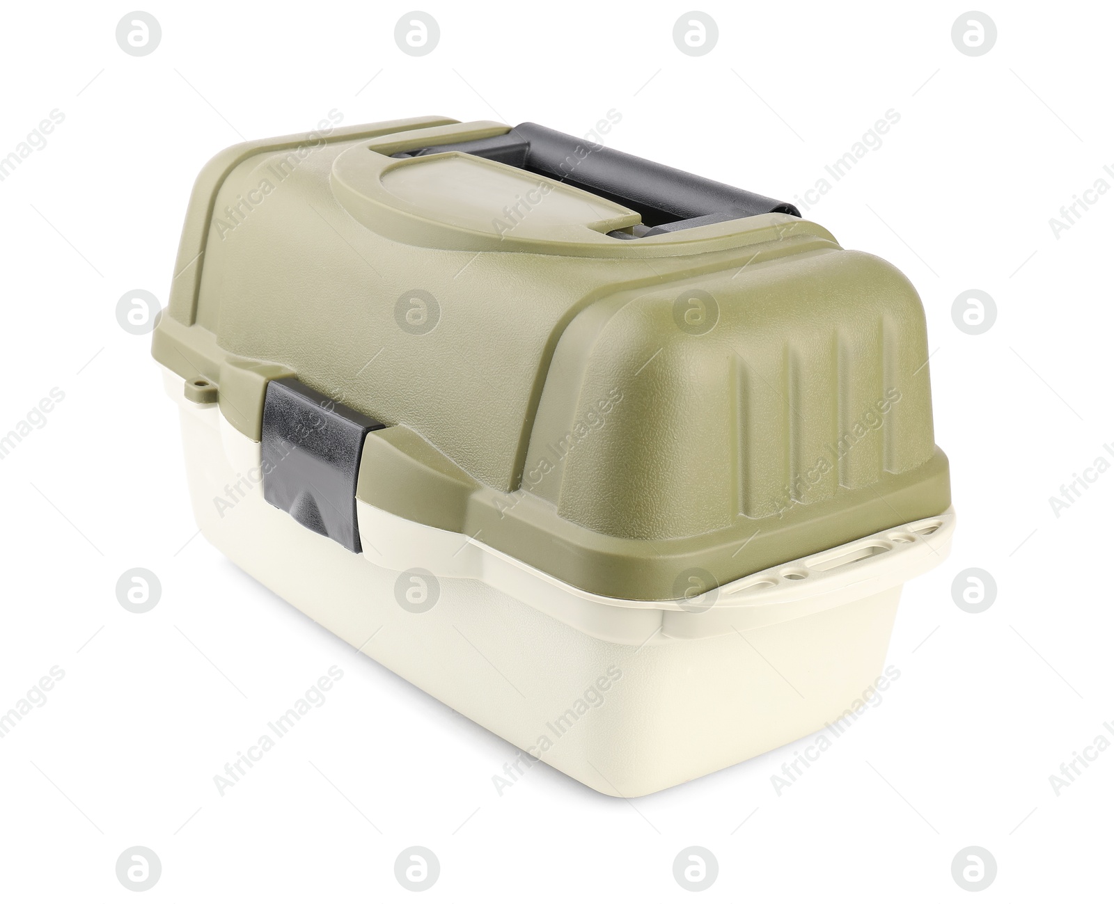 Photo of One tackle box isolated on white. Fishing equipment