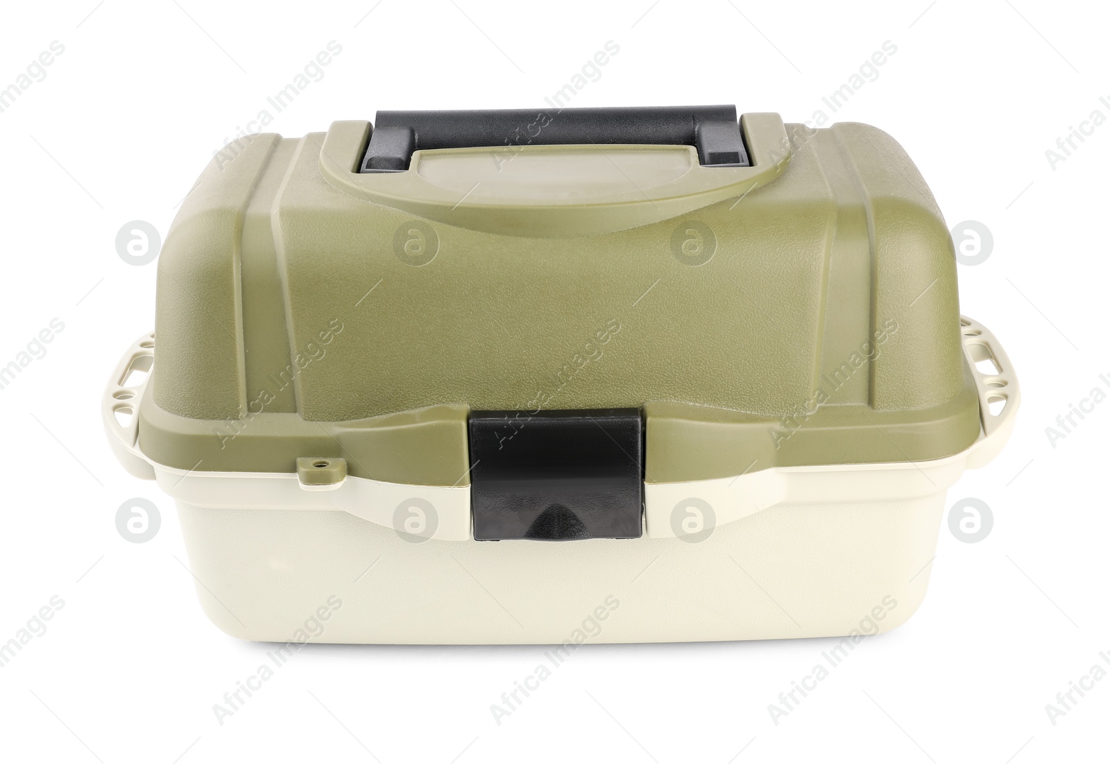 Photo of One tackle box isolated on white. Fishing equipment