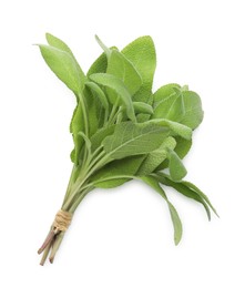 Photo of Bunch of green sage leaves isolated on white, top view