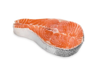 Photo of One fresh salmon steak isolated on white