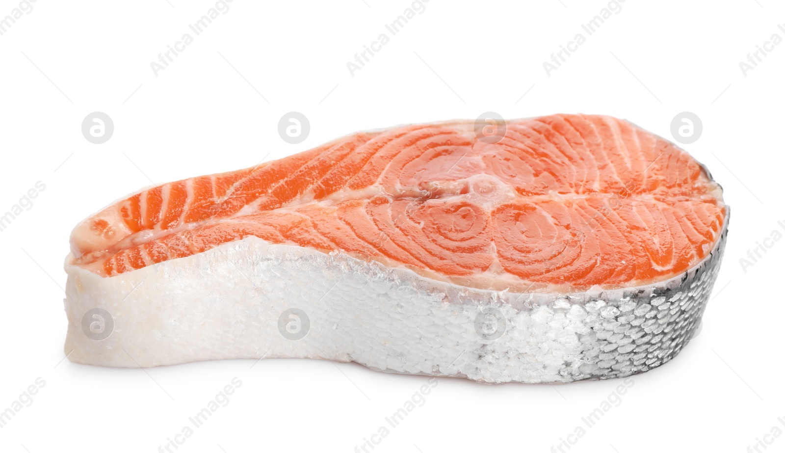 Photo of One fresh salmon steak isolated on white