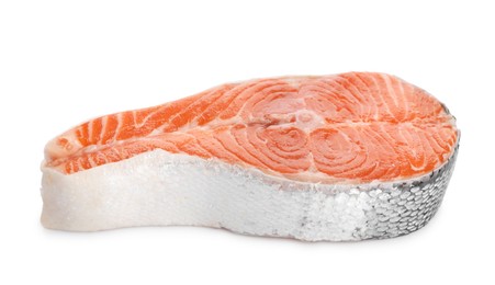 Photo of One fresh salmon steak isolated on white