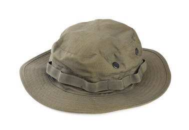 Photo of One protection hat isolated on white. Fishing gear