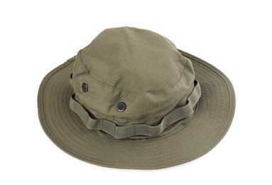 Photo of One protection hat isolated on white. Fishing gear