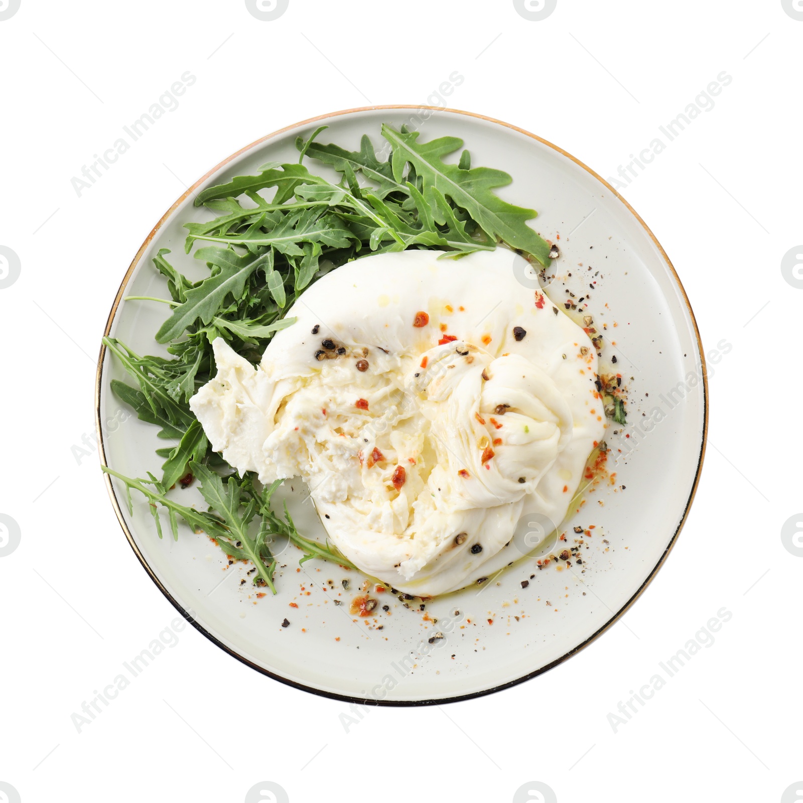 Photo of Delicious burrata cheese, arugula and spices isolated on white, top view