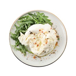 Delicious burrata cheese, arugula and spices isolated on white, top view