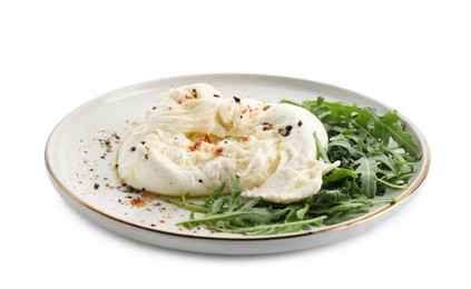 Photo of Delicious burrata cheese, arugula and spices isolated on white