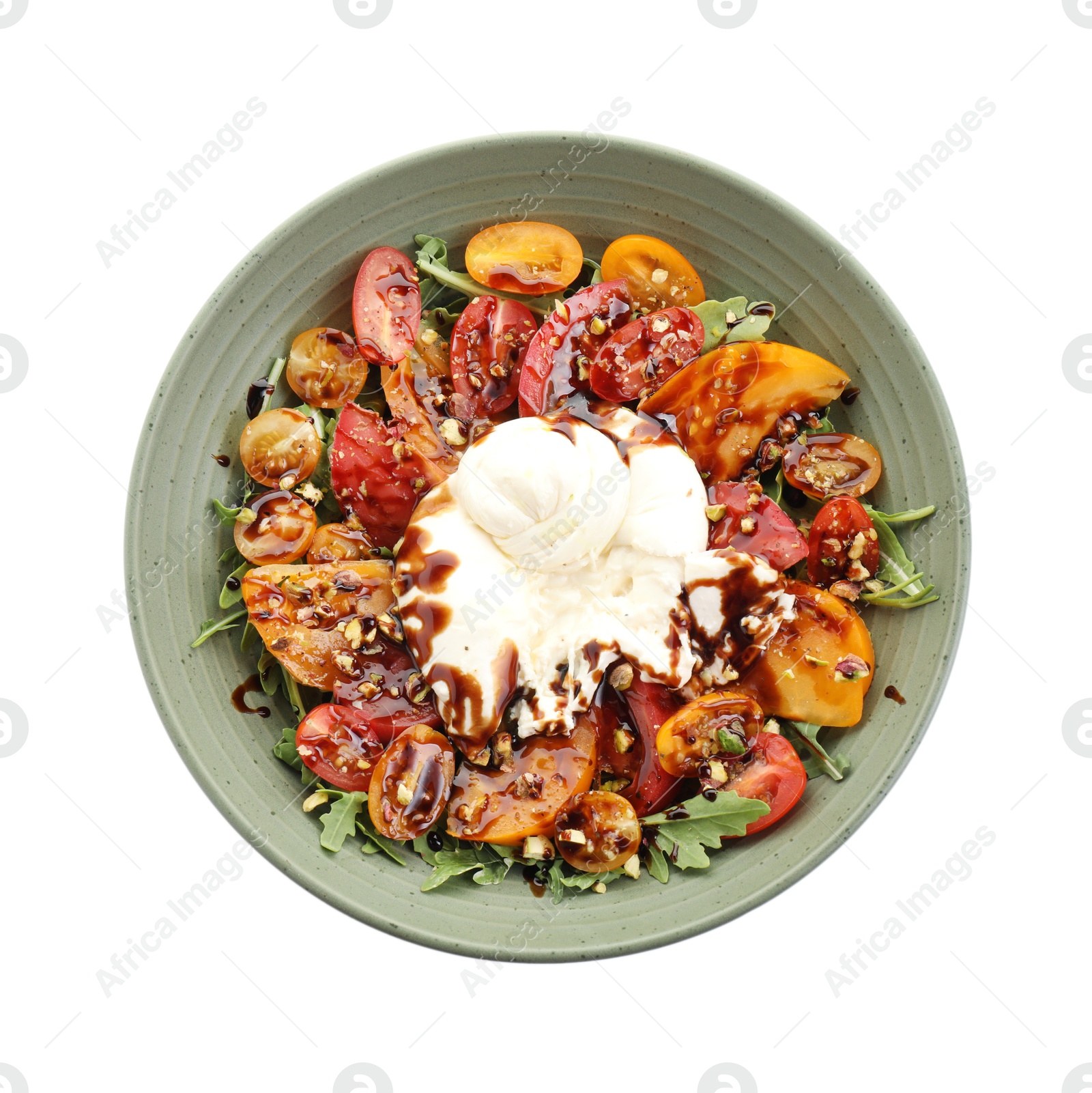 Photo of Fresh delicious burrata salad isolated on white, top view