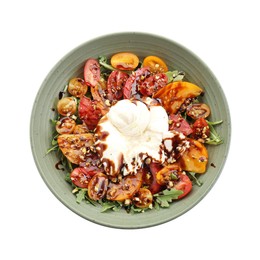 Fresh delicious burrata salad isolated on white, top view