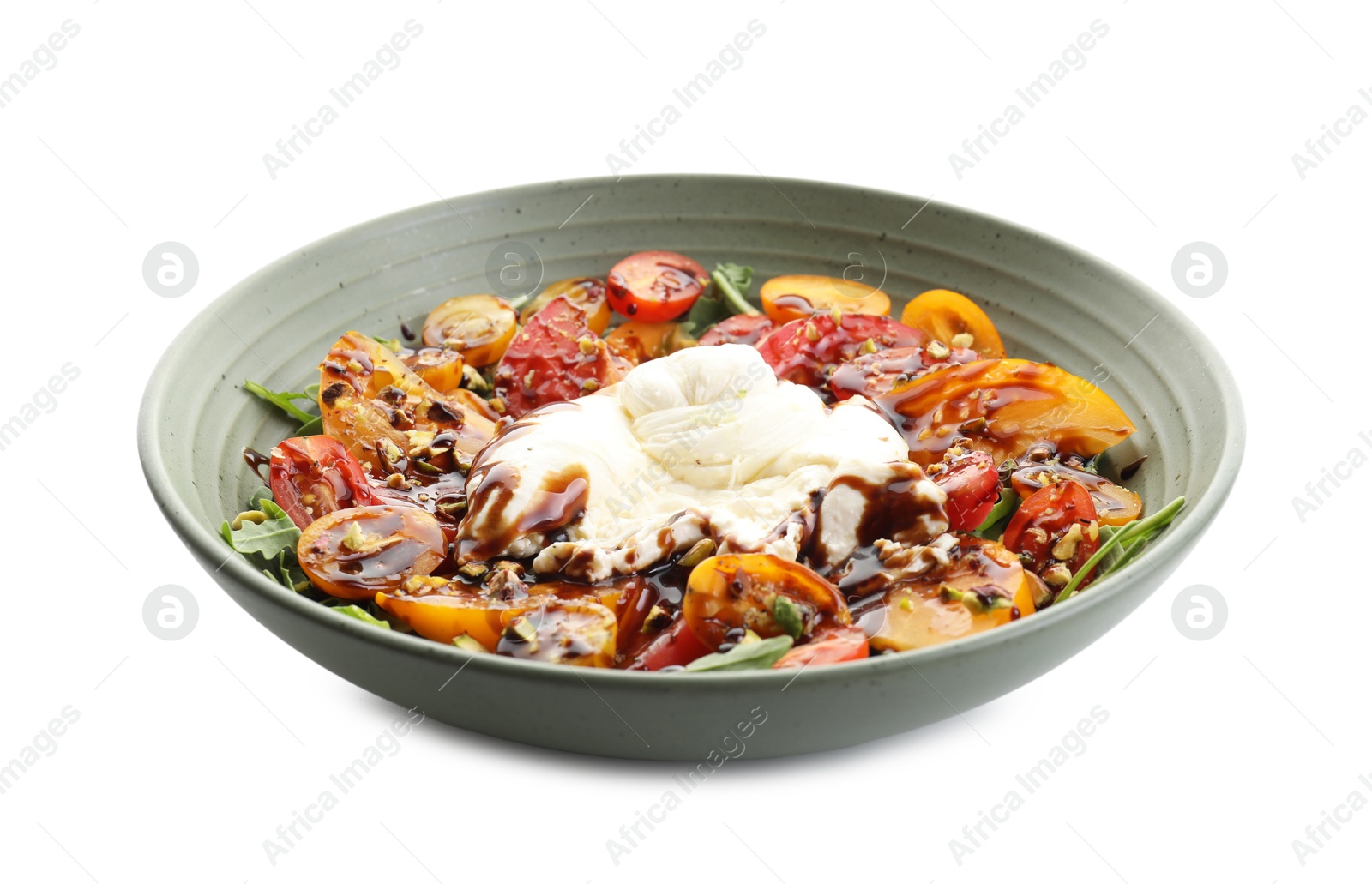 Photo of Fresh delicious burrata salad isolated on white