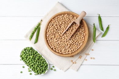 Dried peas and pods with fresh ones on white wooden table, flat lay