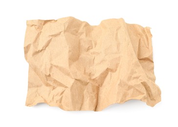 Photo of Crumpled kraft paper sheet isolated on white, top view