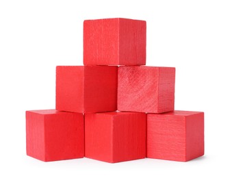 Photo of Many red wooden cubes isolated on white