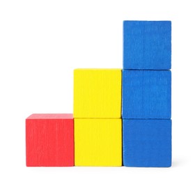 Photo of Many colorful wooden cubes isolated on white