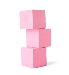 Photo of Stack of pink wooden cubes isolated on white