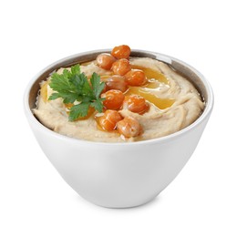 Photo of Delicious hummus with olive oil, chickpeas and parsley isolated on white