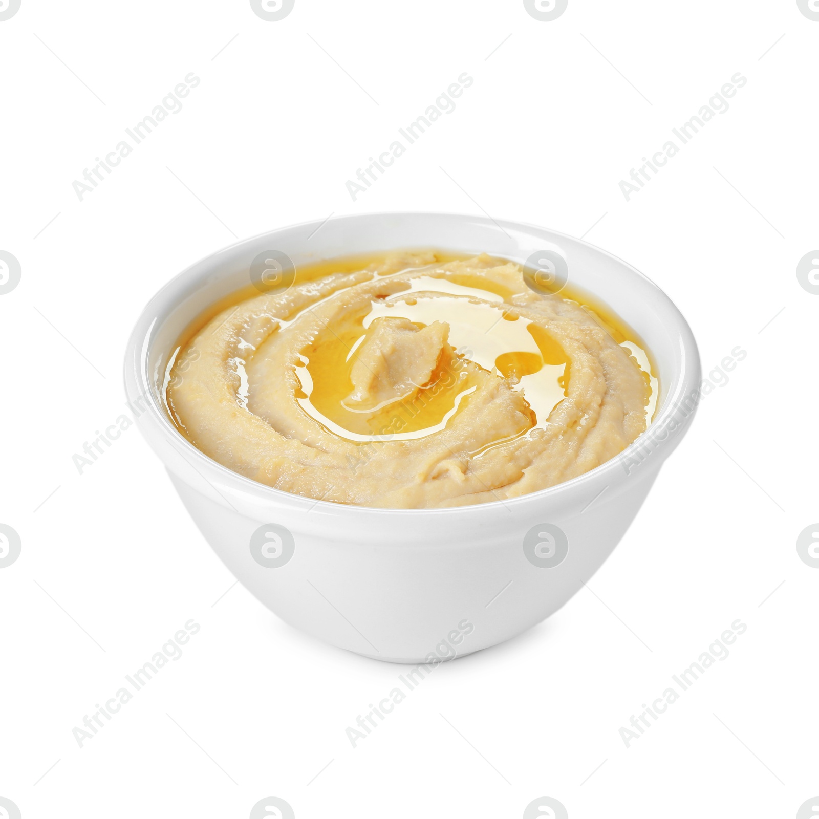 Photo of Delicious hummus with olive oil isolated on white